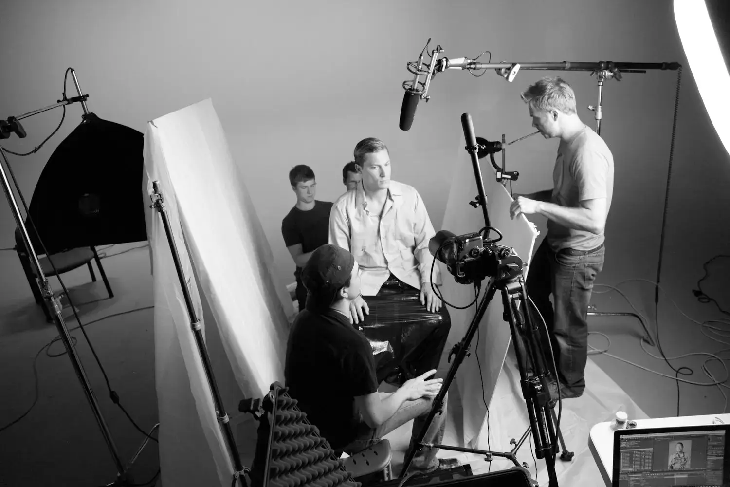 black and white photo of film setup for a personal closeup