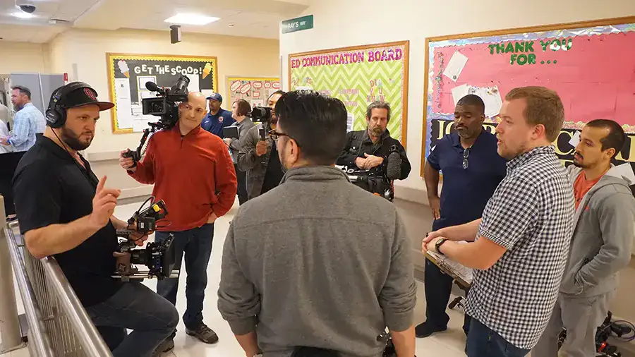 school hallway film setup