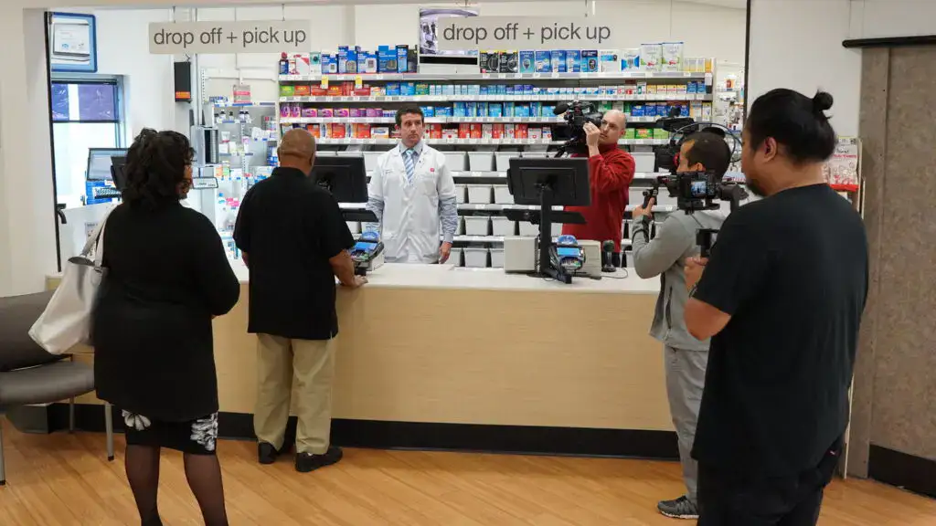 filming in a pharmacy