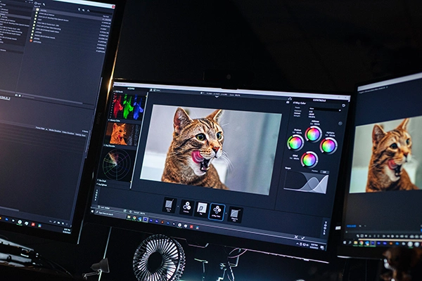 close up of a screen with a cat as a part of a video editing station