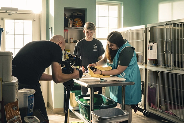 Video shoot of a cat shelter, featuring a woman holding a cat on a table