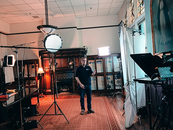 filming a video with lighting set up