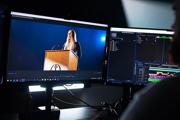 close up of a screen on a video editing station