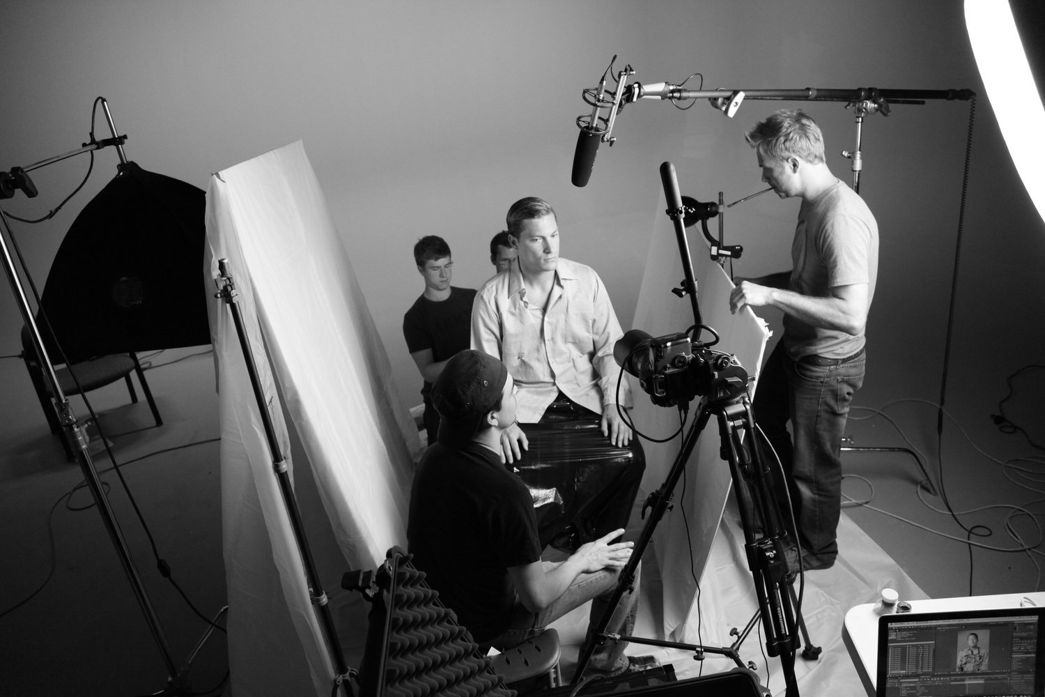black and white photo of film setup for a personal closeup